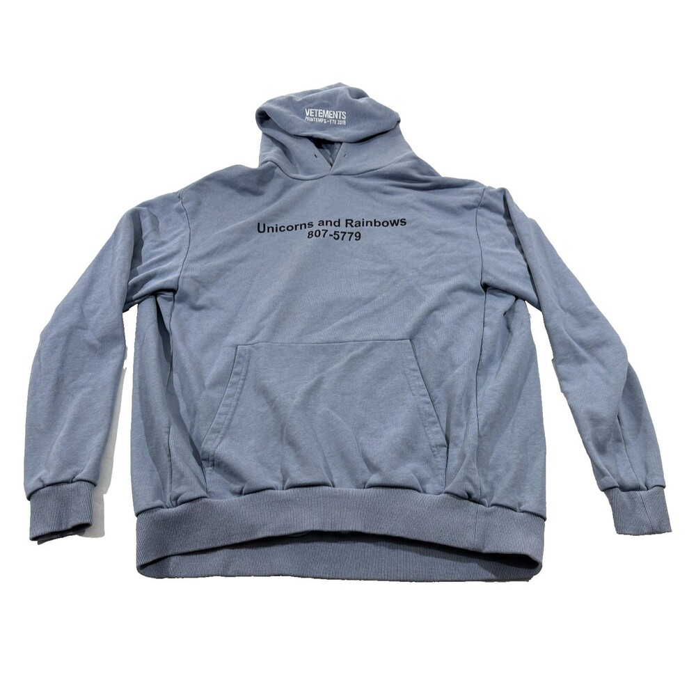 Vetements Unicorns And Rainbow Hoodie Pullover Blue Sweatshirt Oversized Sz XS